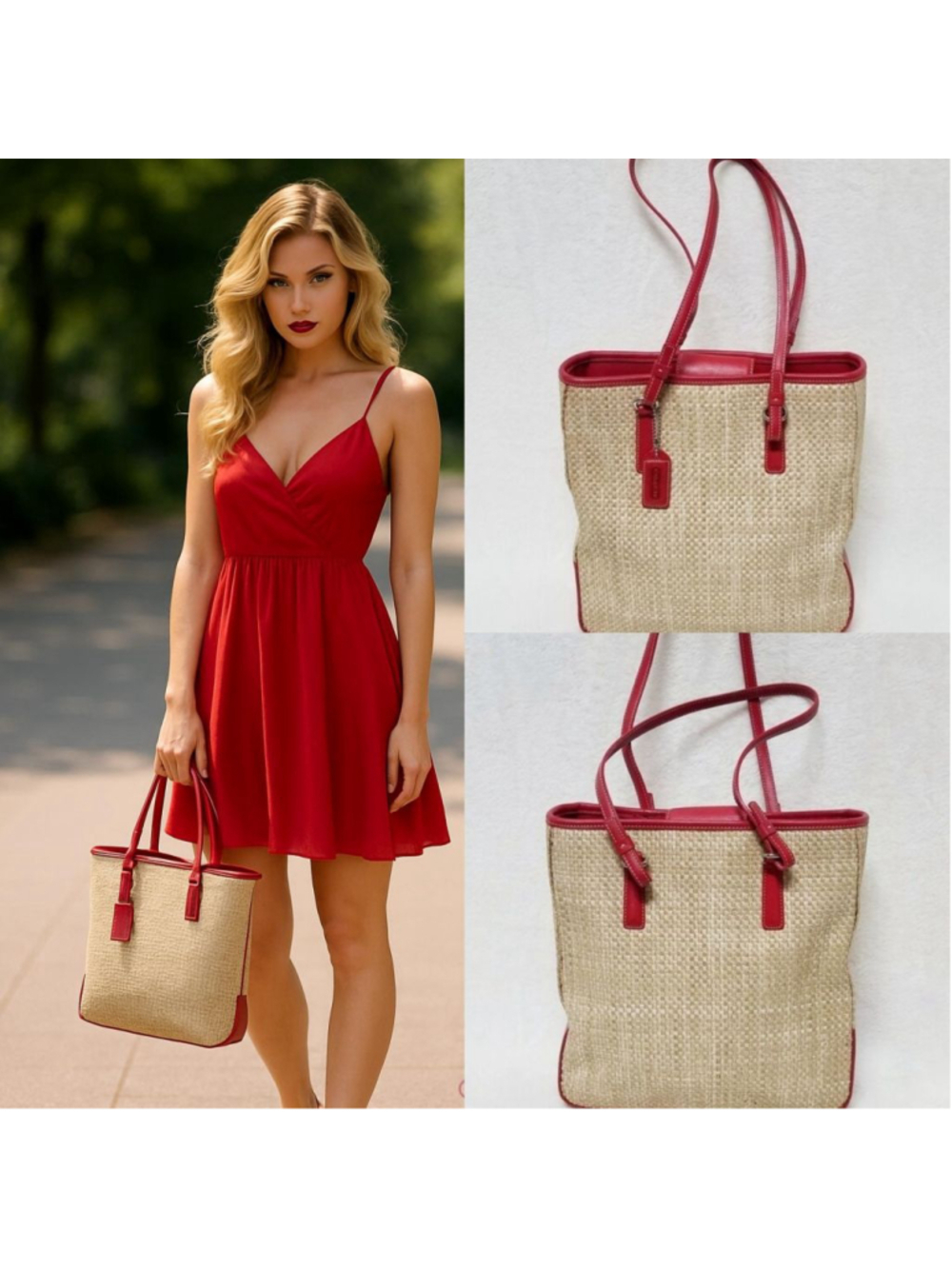 Vintage Coach Cabana Red Leather Woven Straw Shoulder Bag MOK-8157